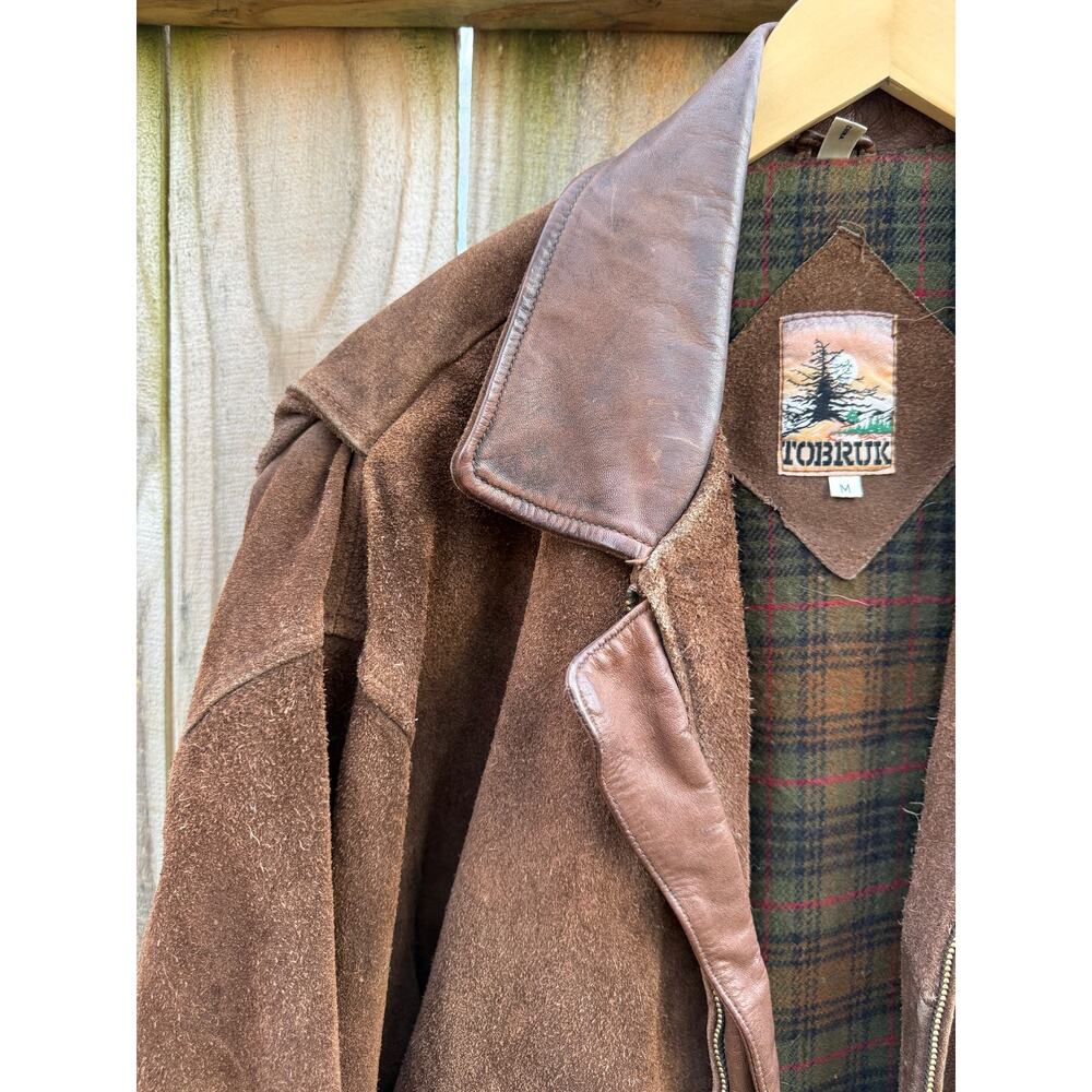 Vintage Suede Bomber Jacket Leather Collar Plaid Lining Brown Size M - Picture 6 of 10